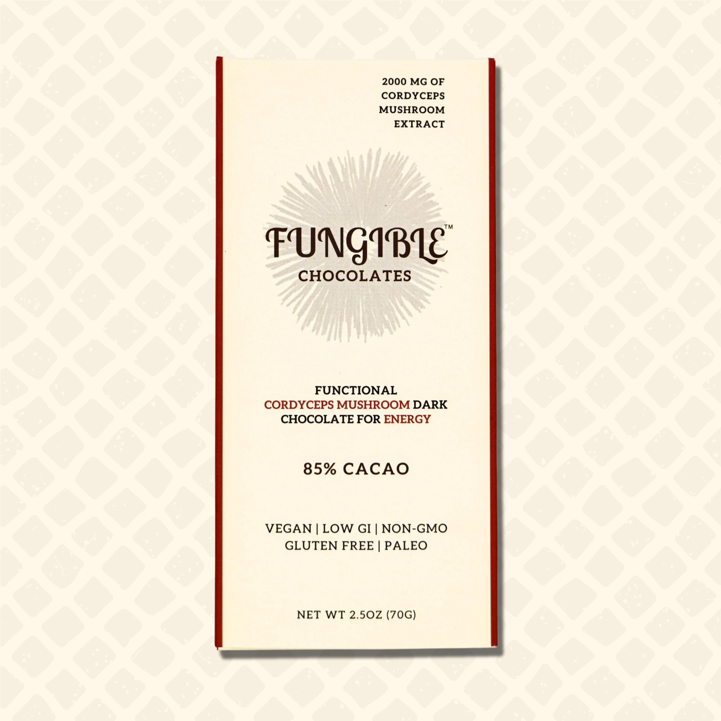 Functional Cordyceps Mushroom Dark Chocolate Bar for Energy (85% cacao)