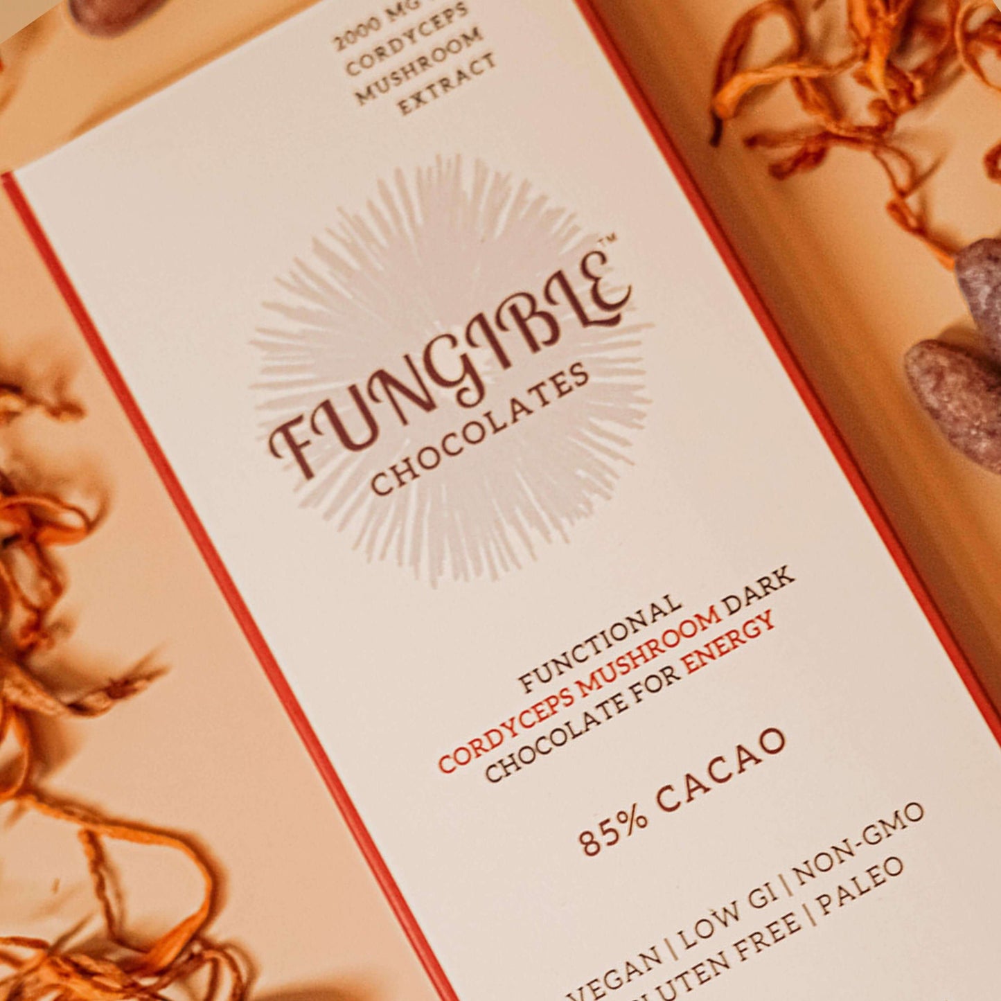 Functional Cordyceps Mushroom Dark Chocolate Bar for Energy (85% cacao)