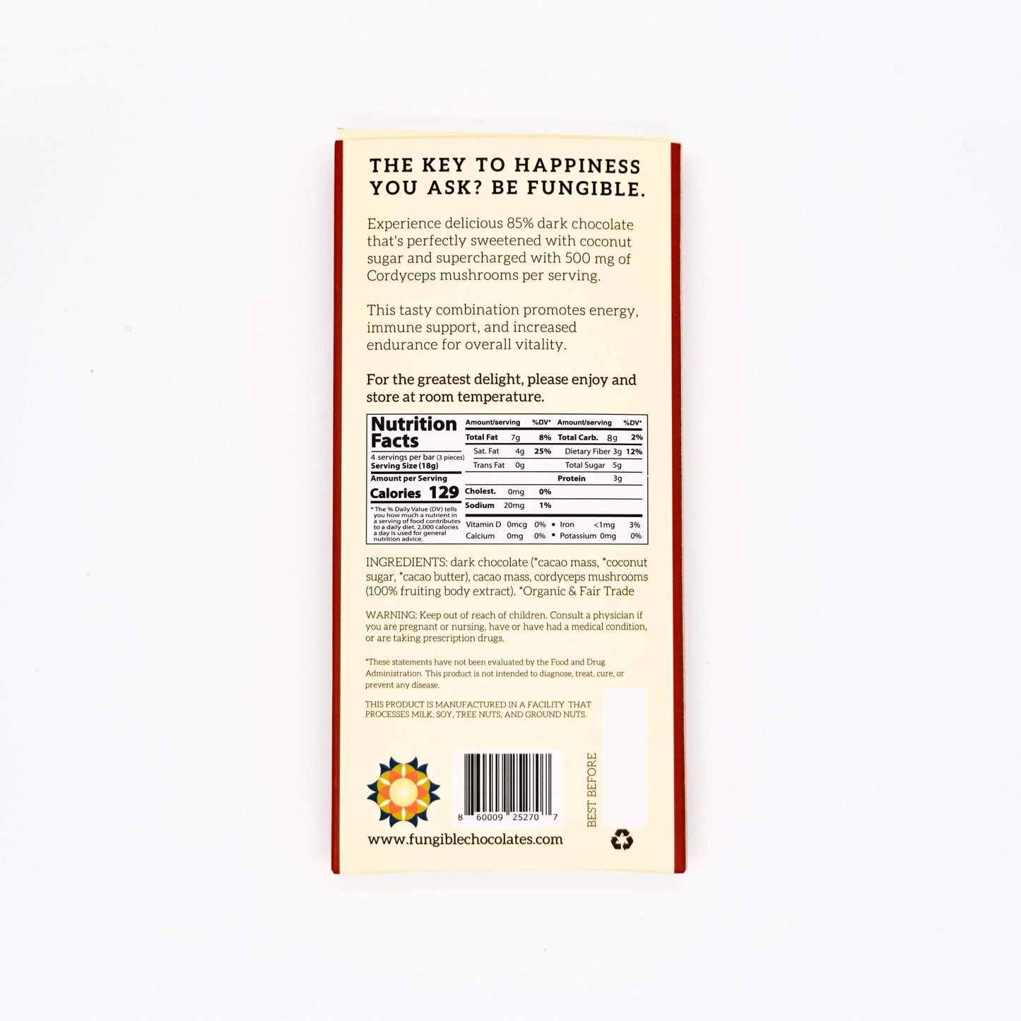 Functional Cordyceps Mushroom Dark Chocolate Bar for Energy (85% cacao)